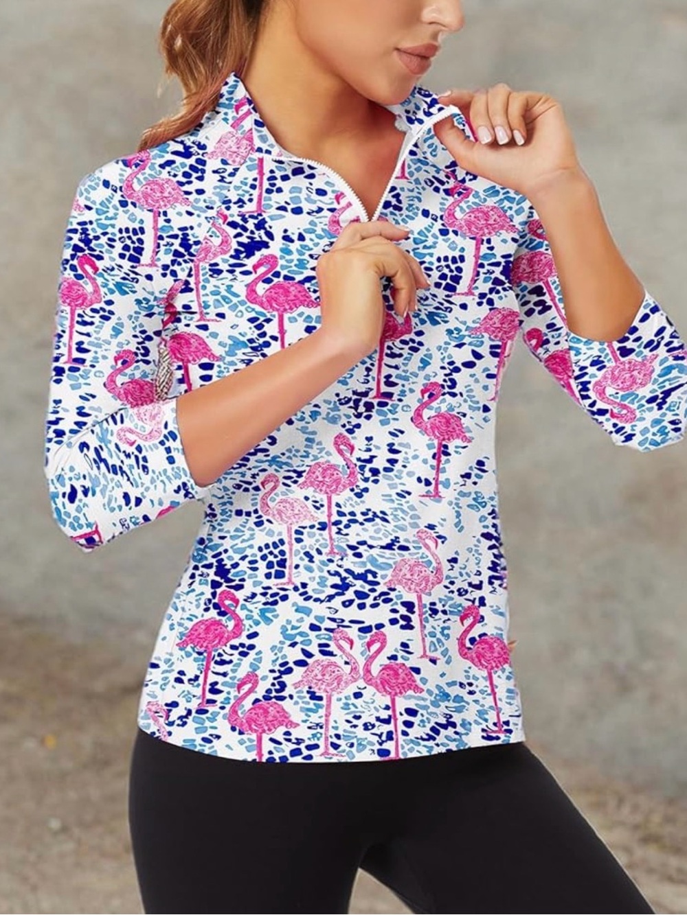 Women’s Pink Flamingo Print Quarter-Zip Dry Wick Top